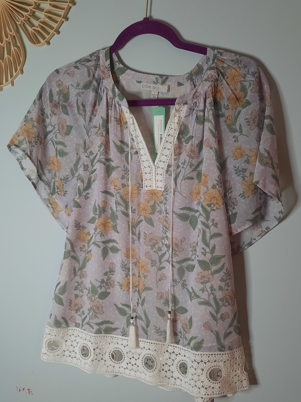 Petite Floral Crochet-Trim Lavender Peasant Blouse, Small, Stitch Fix, NWT‎